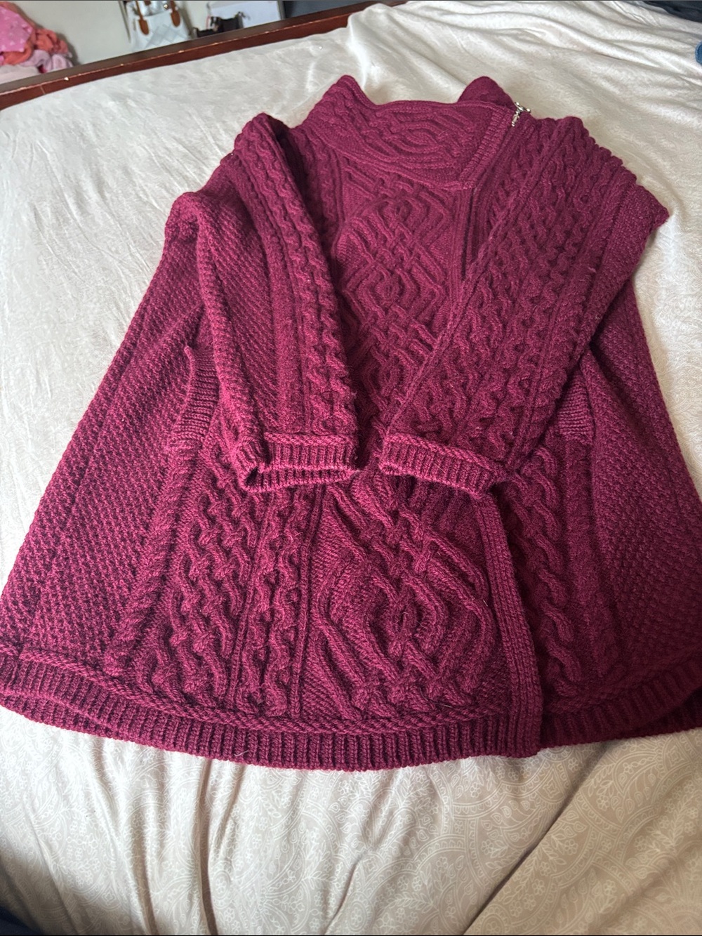 Aran IrishMerino wool Women's Cable Knit Zipper Coat - Burgundy